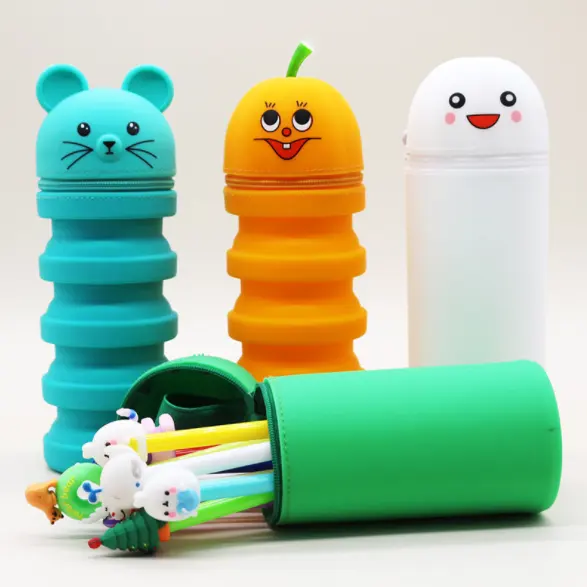 Large Capacity Student Stationery Storage Cartoon Silicone Pen Holder Retractable Pen Pencil Bag with Zipper