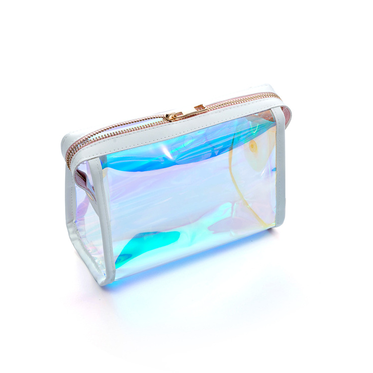 custom best quality eco friendly letter toiletry bag thick zipper plastic iridescent clear holographic cosmetic bag