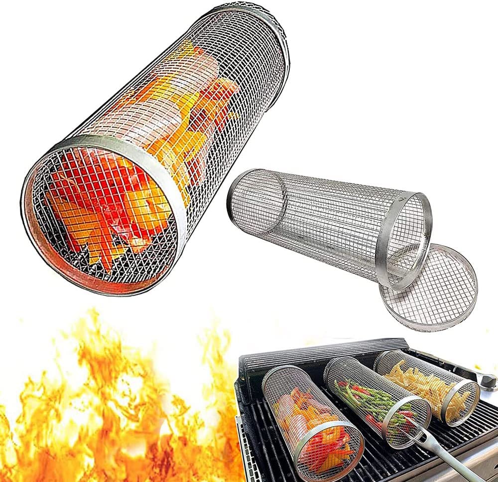 Rolling Grilling Basket Round Wire Mesh Cylinder Grill Net Tube Portable BBQ Tools Camping Picnic Cookware for Roasting Meat