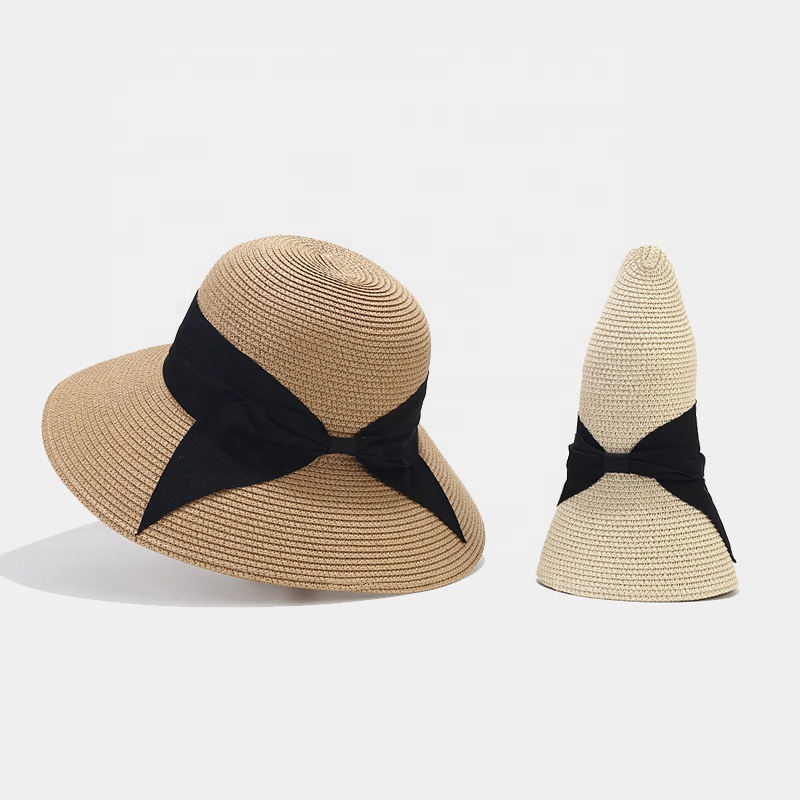 Wholesale Fashion Wide Brim Plain Paper Braid Foldable Paper Straw Hats Solid Color Summer Beach Bow Straw Hat