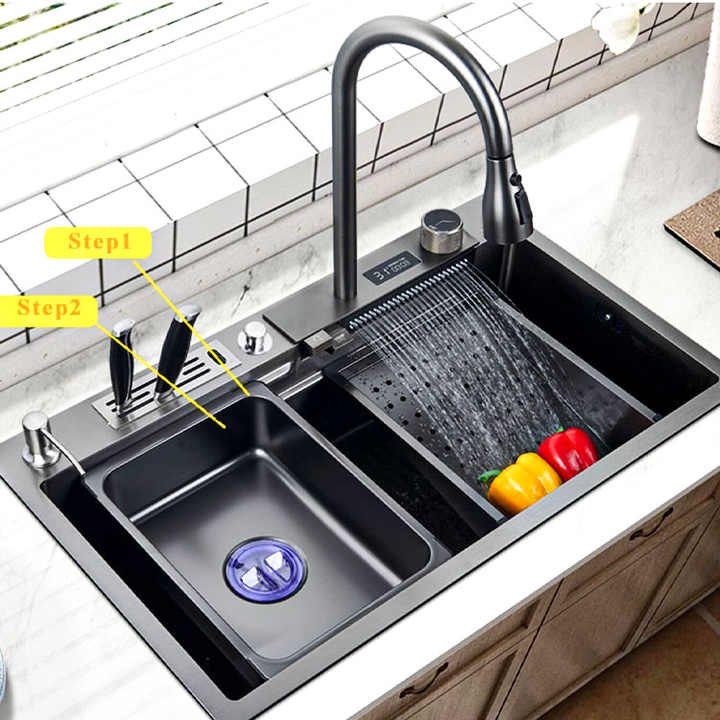 Modern Smart Digital Display Multifunction Gun Gray Square Counter Stainless Steel Kitchen Sink