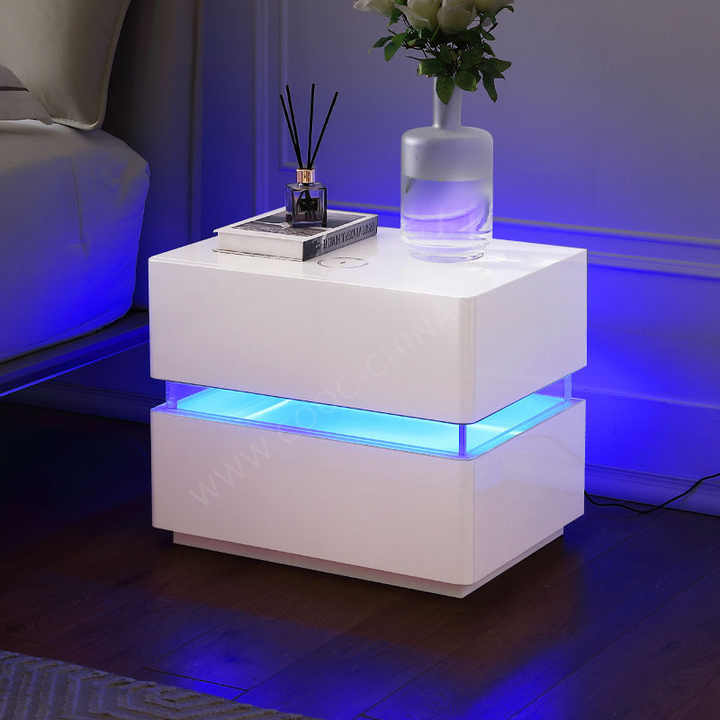 Wireless Charging Hotel Acrylic Wooden White Modern Led Smart Night Stand Bedside Table Nightstand
