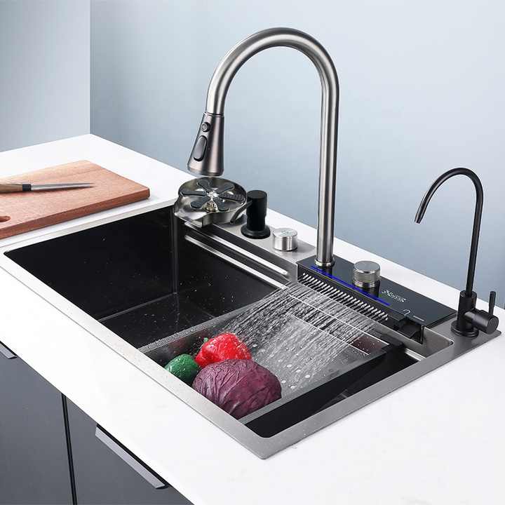 Smart Stainless Steel Nano Step Dark Grey Sink kitchen Temperature Display Piano Key Waterfall Kitchen Sink without electricity