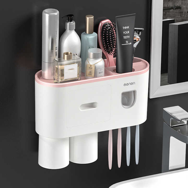 Fashion Bathroom Creative Plastic Automatic Toothpaste Dispenser Squeezer Kit 2 Cup Magnetic Wall Mounted Toothbrush Holder
