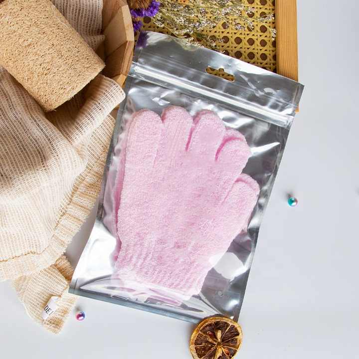 Hot Selling Solid Color Five Fingers Nylon Glove Pink Exfoliating Body Bath Gloves Scrubbing For Remove Dead Skin